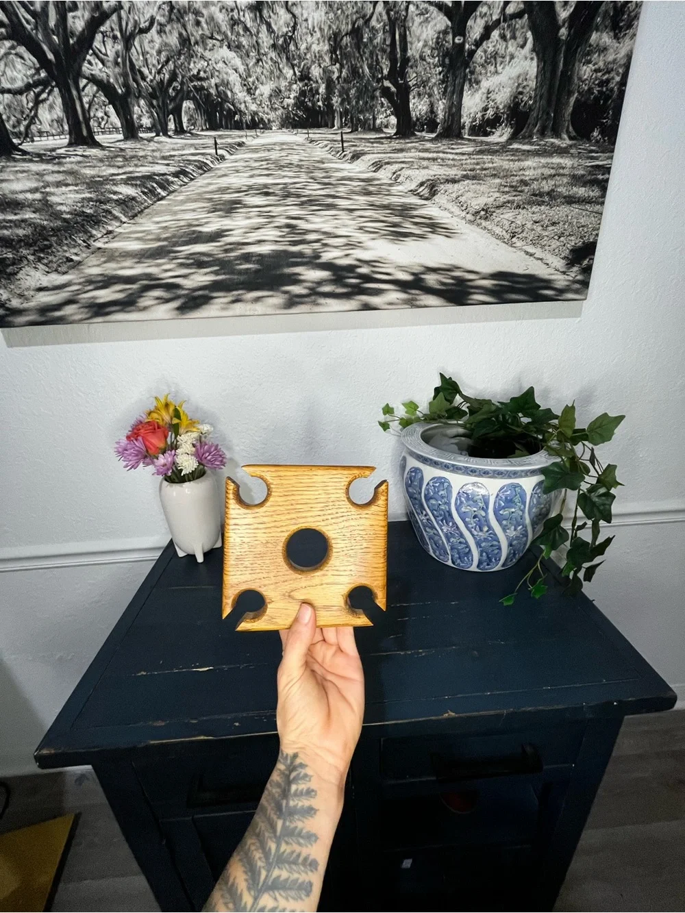 Vintage Solid Wood Wine Glass Bottle Holder Holds 4 Glasses
